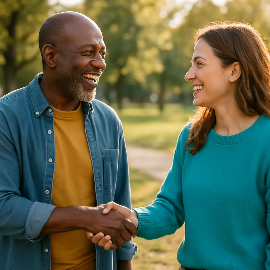 Two people meeting at a local park — genuinely local Essex dating