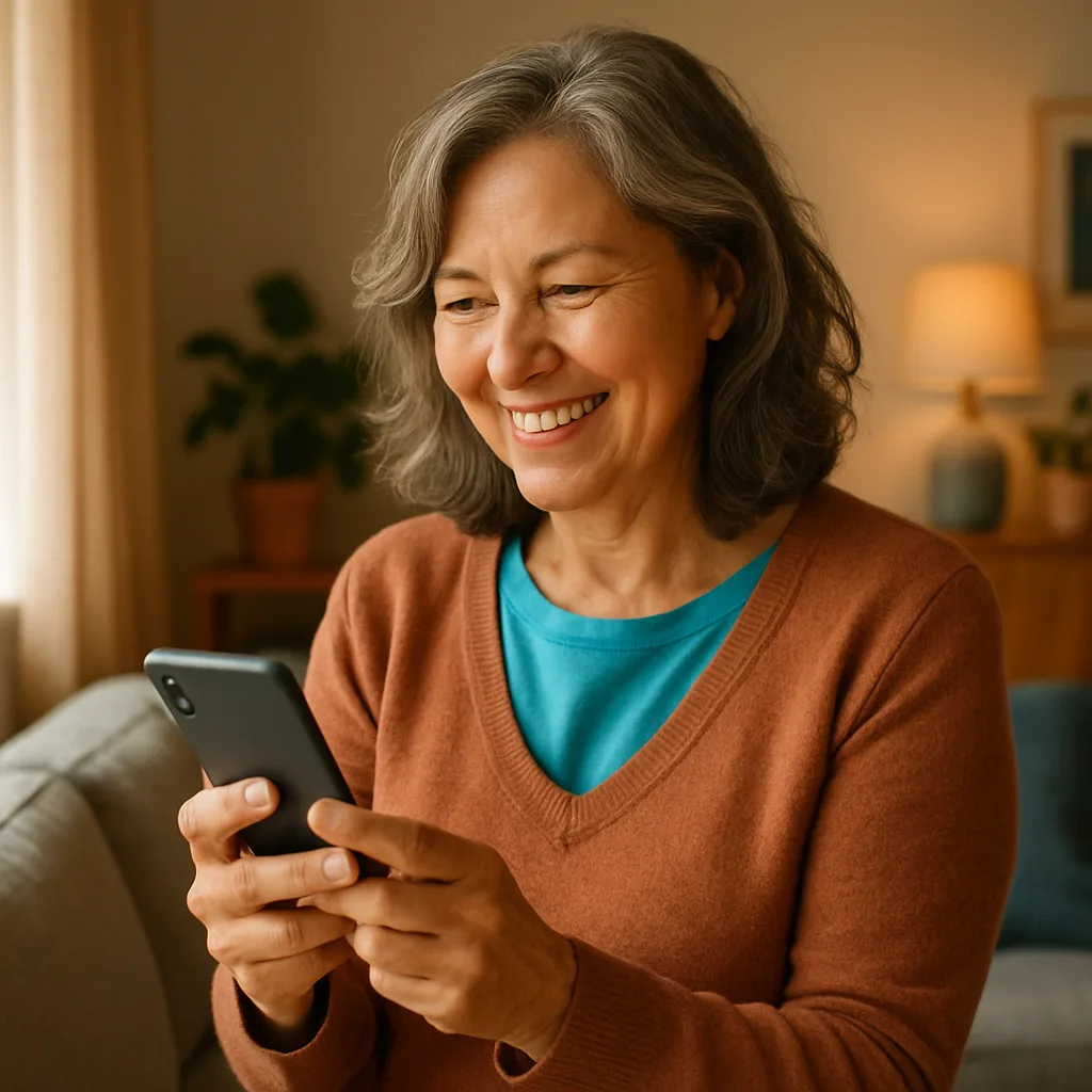 Smiling woman confidently checking her phone — verified profiles on The Essex Dating Site